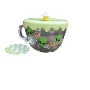 Alien UFO Glass Coffee Tea Mug Cup with Silicone Topper Green NWT